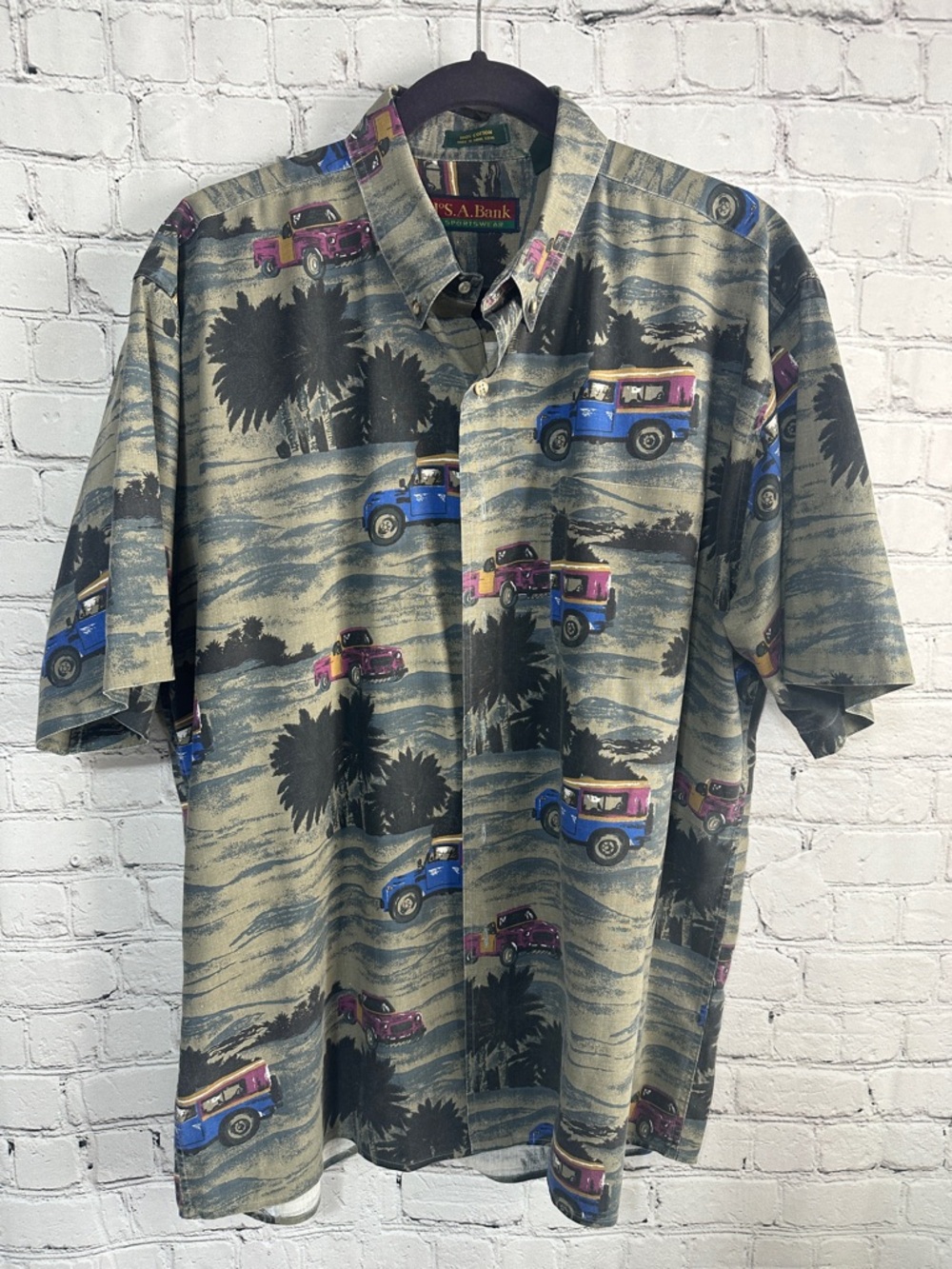 Vintage 90s Jos A Bank Jeep Print Shirt L Tropical Resort Button Down Cotton